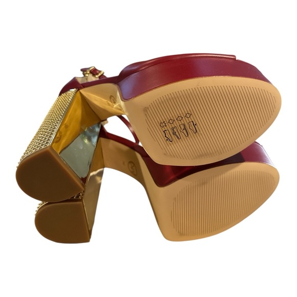 Michael Kors Maxine Platform Sandals Deep Red Leather Gold Block Heel Size 9M - Picture 8 of 12